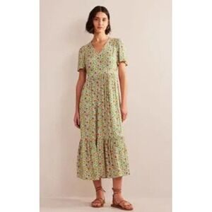 Boden Floral V-Neck Maxi Dress Short Sleeve Tiered Multicolor US 14R D0647